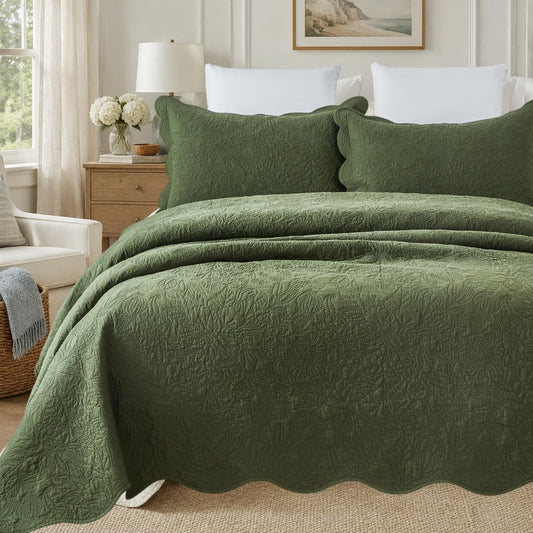 Olive Green Cotton Quilt Set King Scallop Matelasse Coverlet 3PC