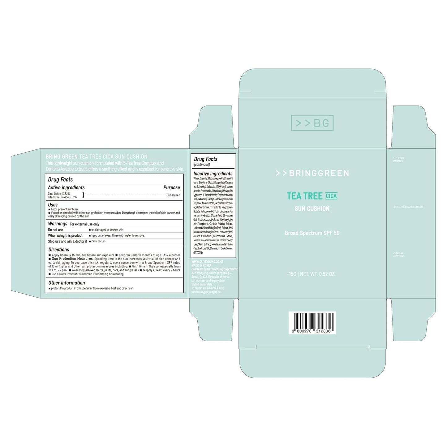BRING GREEN Tea Tree CICA Facial Sun Cushion SPF 50+