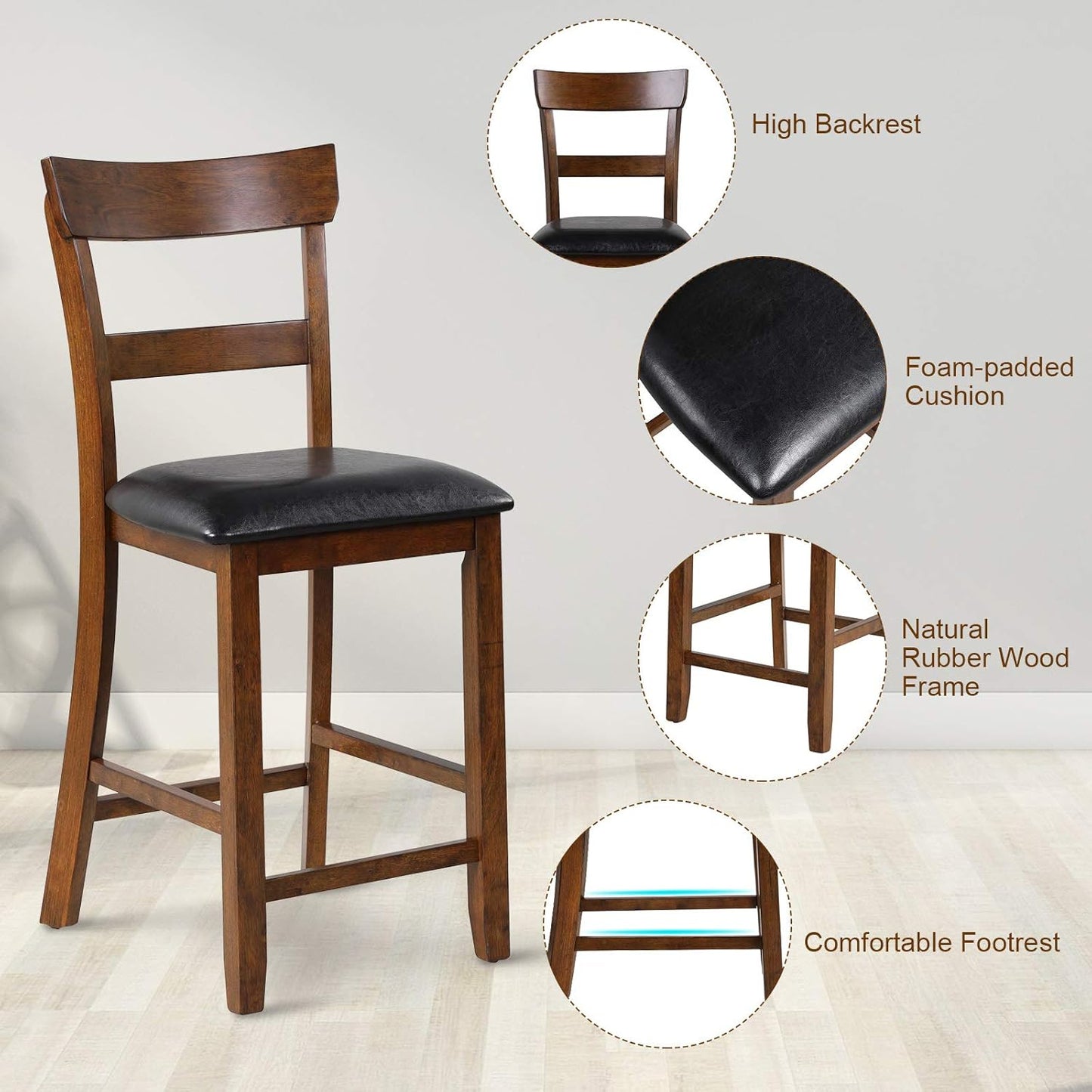Bar Stools Set of 2, 25.5-Inch Counter Height Chair with Backrest