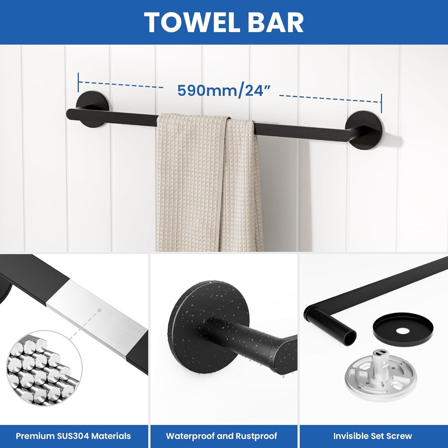 Towel Bar for Bathroom Wall Mounted, Stainless Steel 24 Inch Modern Towel Rack Waterlace