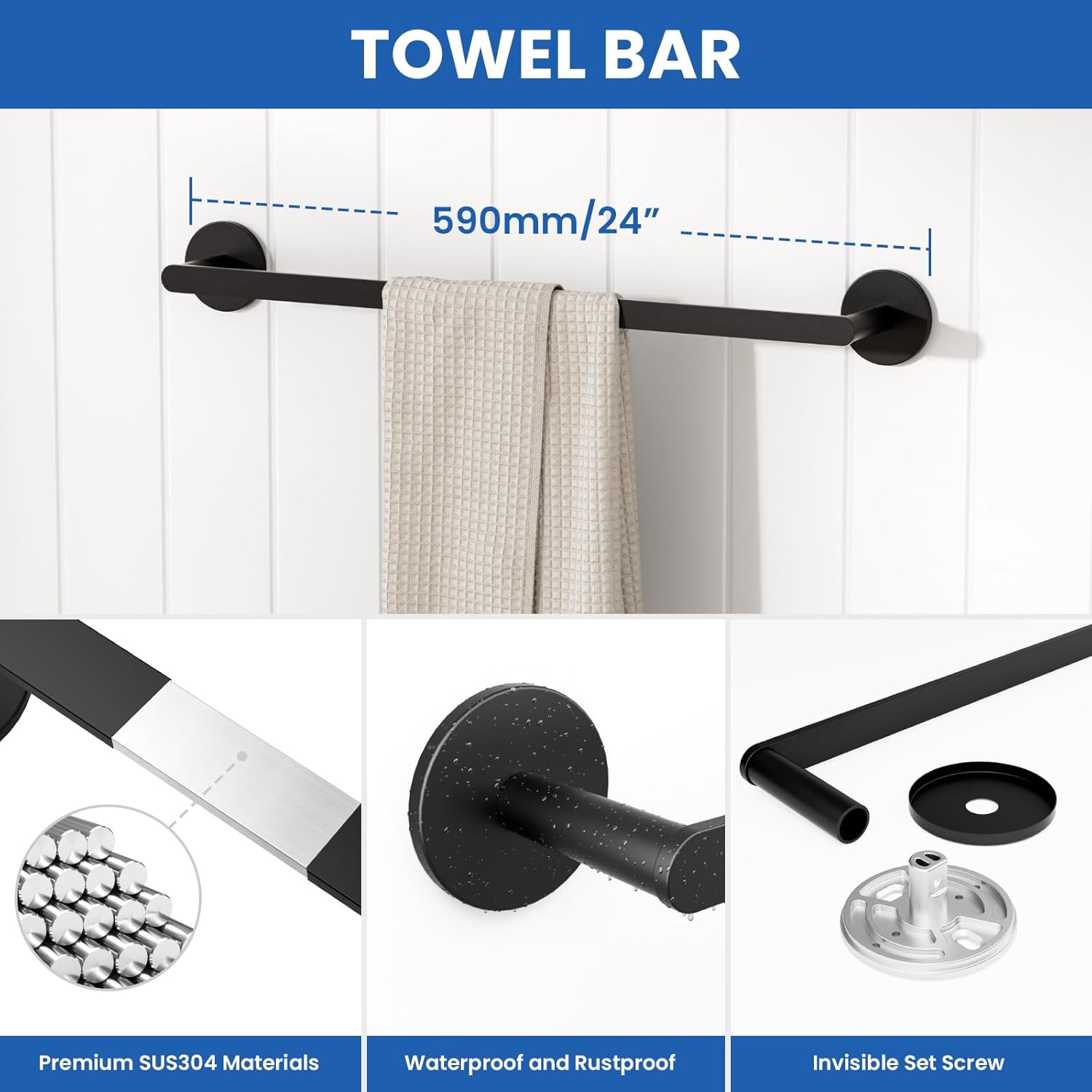 Towel Bar for Bathroom Wall Mounted, Stainless Steel 24 Inch Modern Towel Rack Waterlace