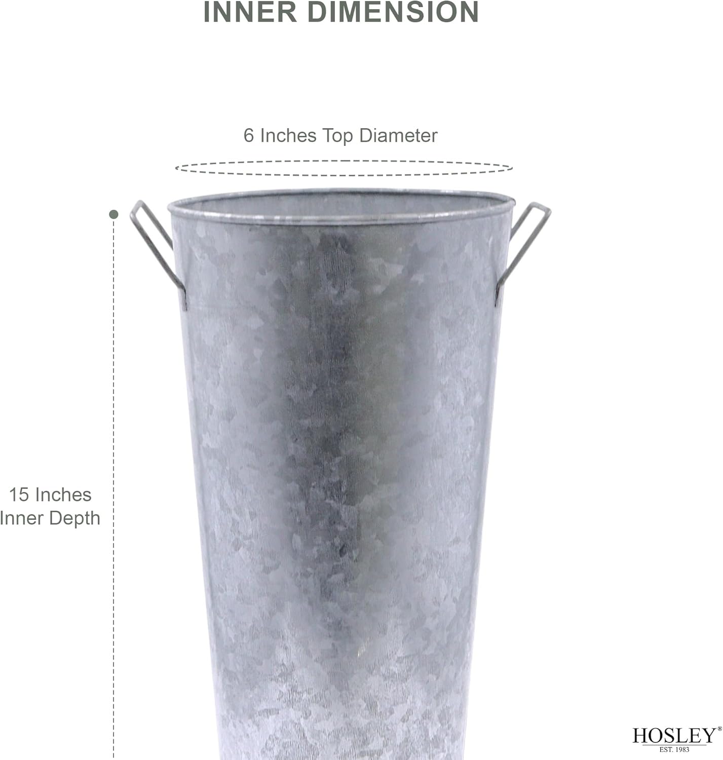 Hosley Galvanized French Bucket Vase with Handles 6" Dia x 15" H Hosley