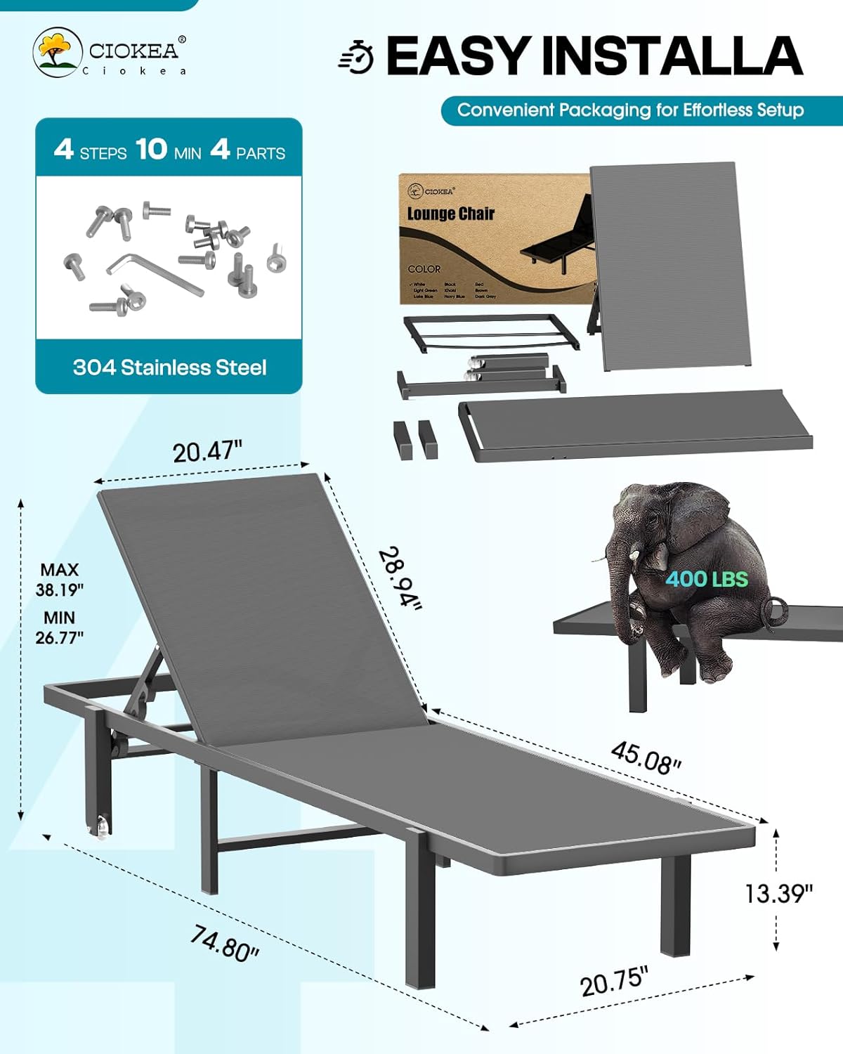 Aluminum Chaise Lounge Chair Outdoor with Wheels, Patio Lounge Chair Ciokea Store