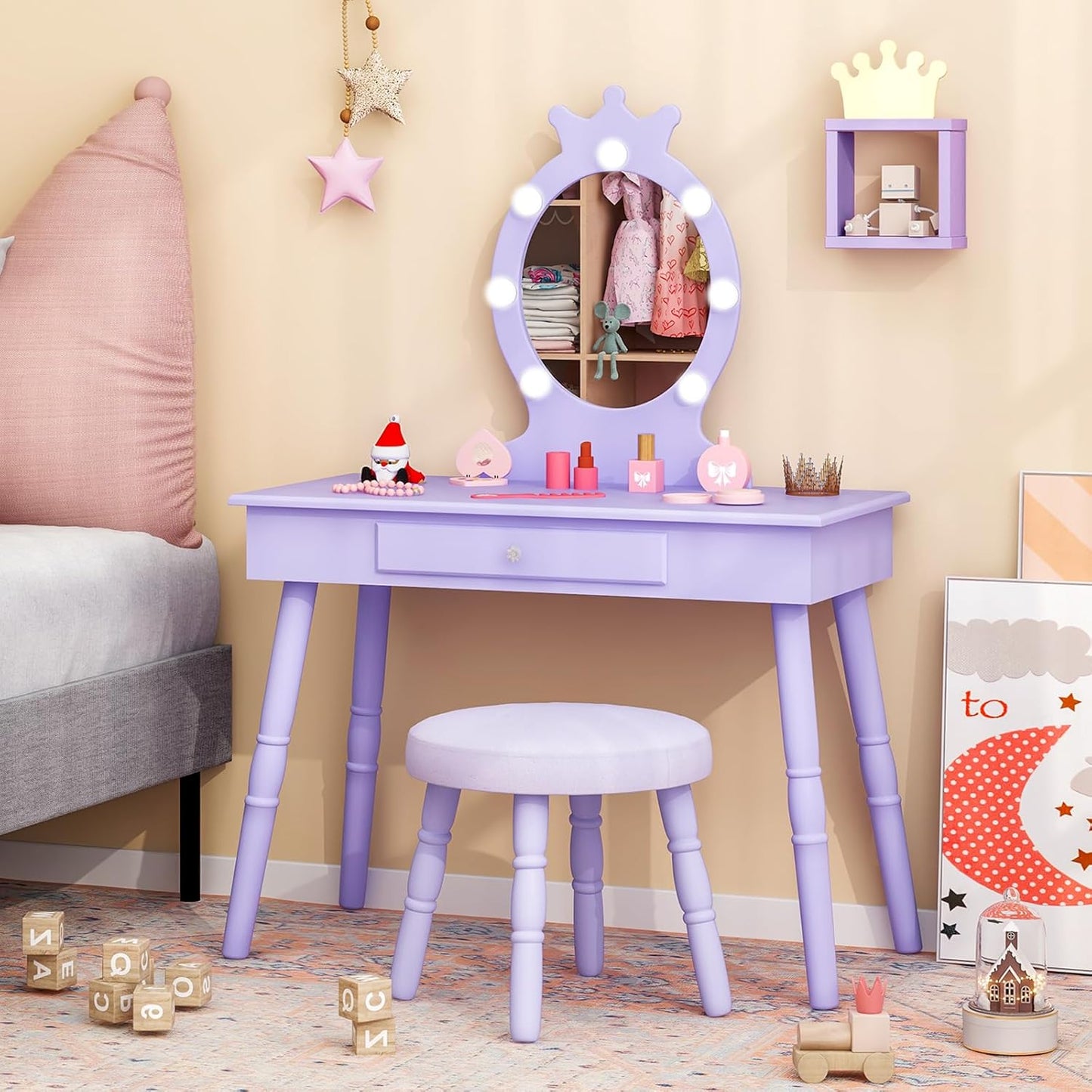 Kids Vanity, Girls Vanity Set with Mirror and Stool and Lights, Drawer, 2 in 1 Wooden Makeup Vanity Desk