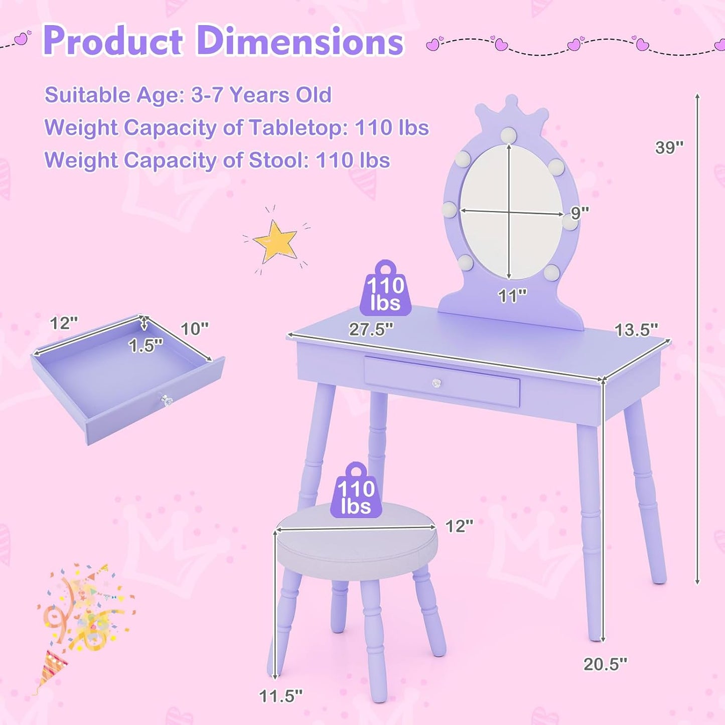 Kids Vanity, Girls Vanity Set with Mirror and Stool and Lights, Drawer, 2 in 1 Wooden Makeup Vanity Desk