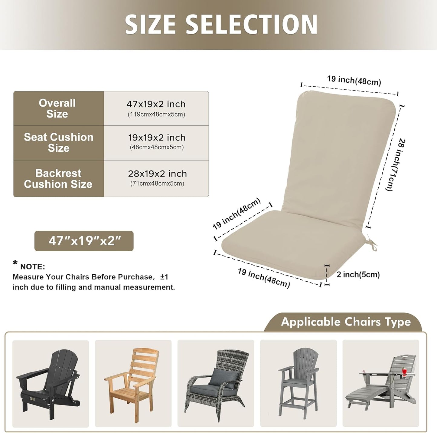 Adirondack Chair Cushion Set of 2-19''x19'' Seat & 19''x28'' Back Ottowood