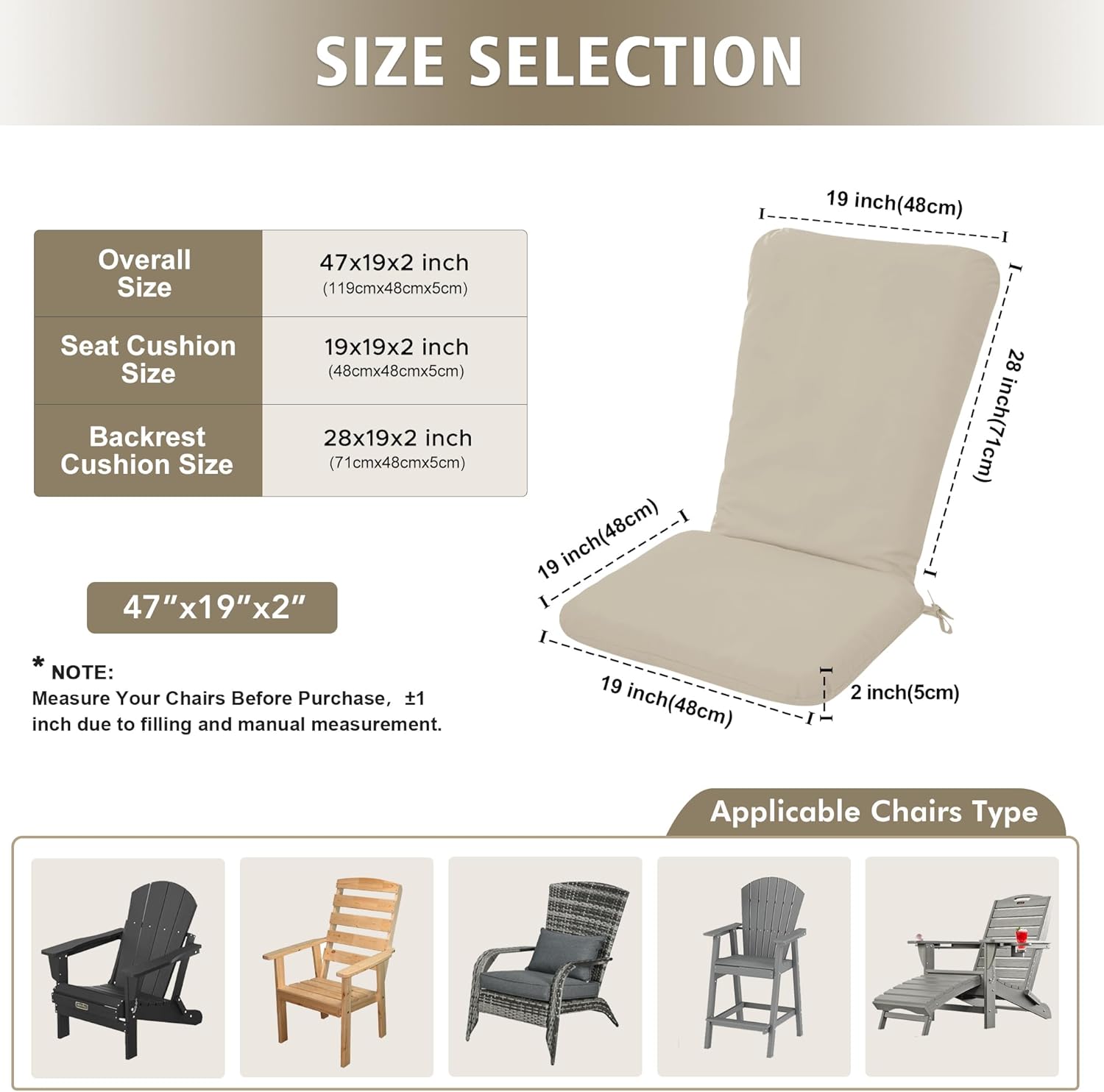 Adirondack Chair Cushion Set of 2-19''x19'' Seat & 19''x28'' Back Ottowood