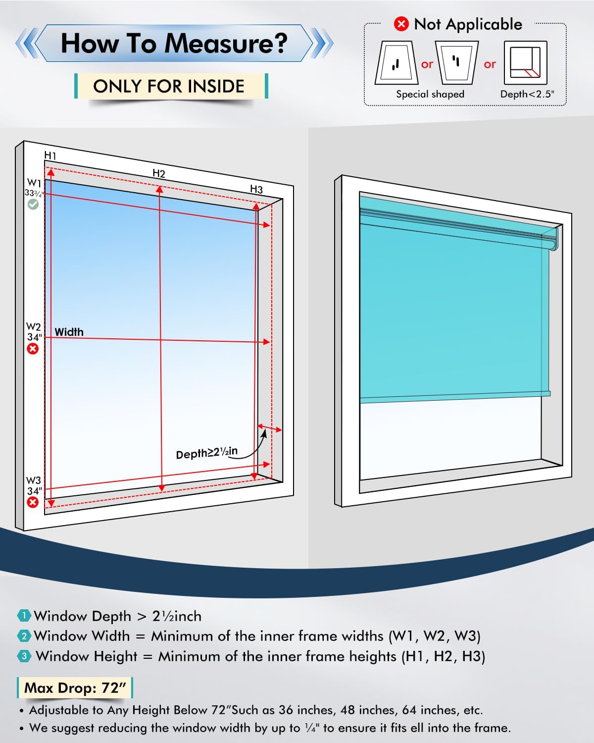 No-Drill Motorized Blinds with Remote, Blackout Roller Shades - 44"W x 72" H