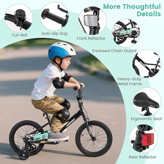 16 Inch Kids Bike, Boys & Girls Training Bike w/Removable Training Wheels, Pneumatic Tires, Adjustable Handlebar & Seat