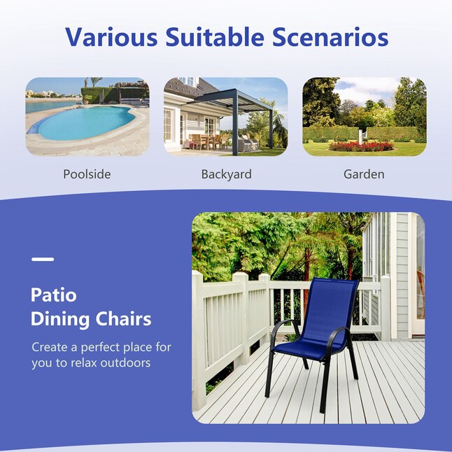 Set of 4 Patio Dining Chairs Stackable Armrest Space Saving Garden Navy
