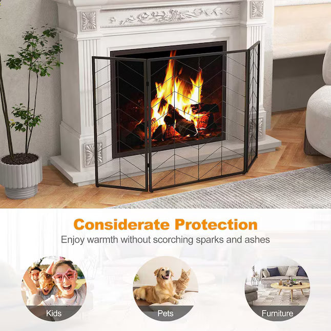 Costway Fireplace Screen - Chevron Herringbone, 3-Panel Guard