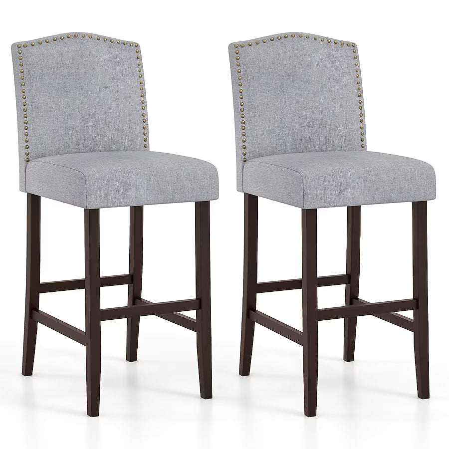 Set of 2 Bar Stools 30 inches Upholstered Kitchen Breakfast Nailhead Bar Chairs Gray
