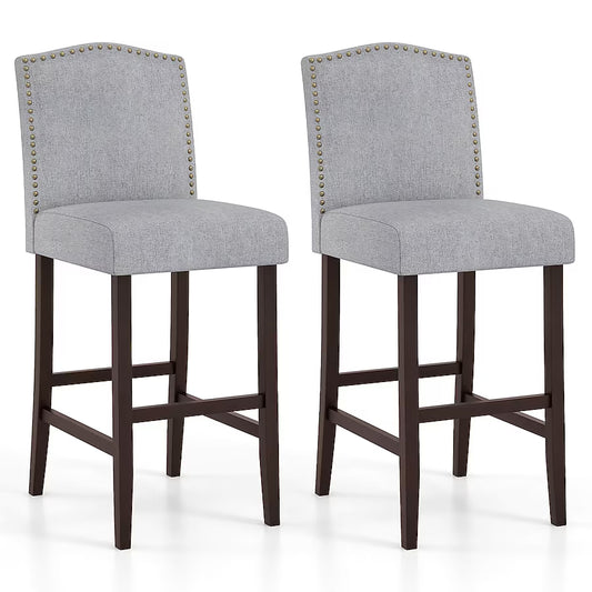 Set of 2 Bar Stools 30 inches Upholstered Kitchen Breakfast Nailhead Bar Chairs Gray