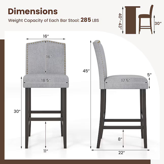 Set of 2 Bar Stools 30 inches Upholstered Kitchen Breakfast Nailhead Bar Chairs Gray