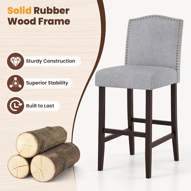 Set of 2 Bar Stools 30 inches Upholstered Kitchen Breakfast Nailhead Bar Chairs Gray