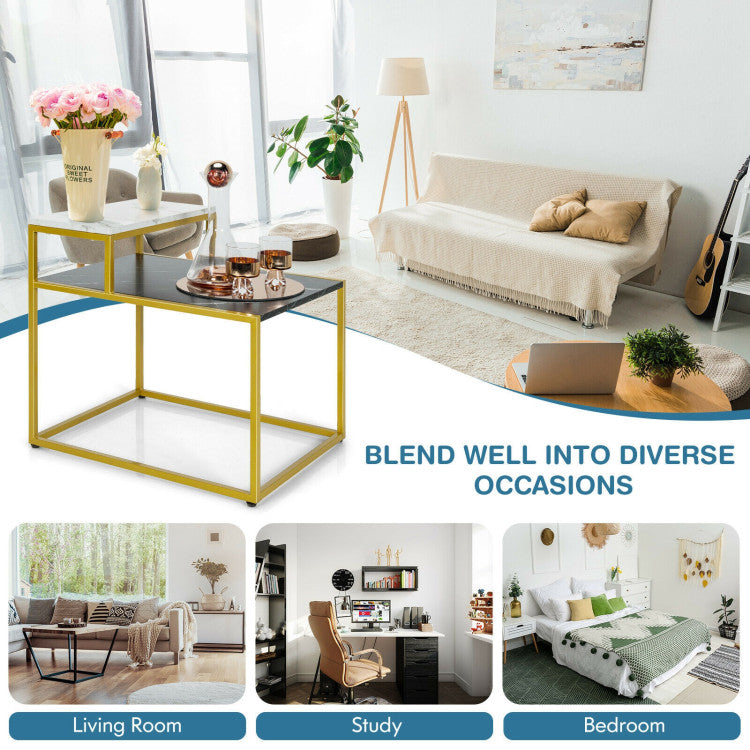 Costway 2-Tier Side Table - Marble Finish & Metal Frame