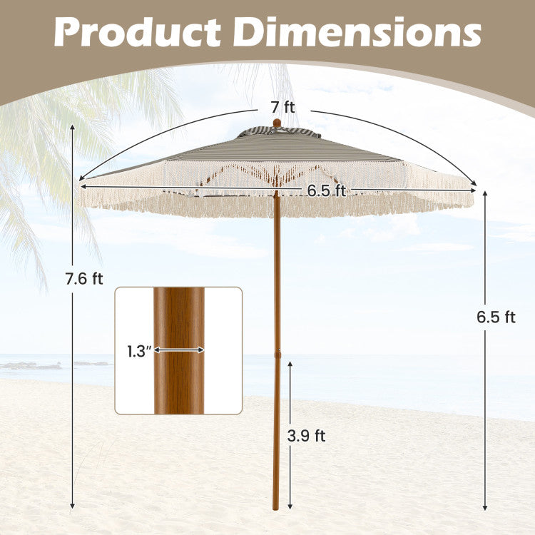 7 Feet Patio Umbrella with Fringe Sun-Protective Beach Umbrella with Boho Tassel