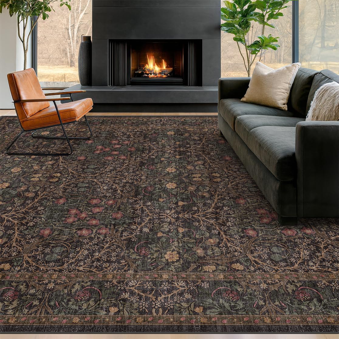 Vintage Washable Dark Brown Rugs for Living Room, 8x10 Area Rug