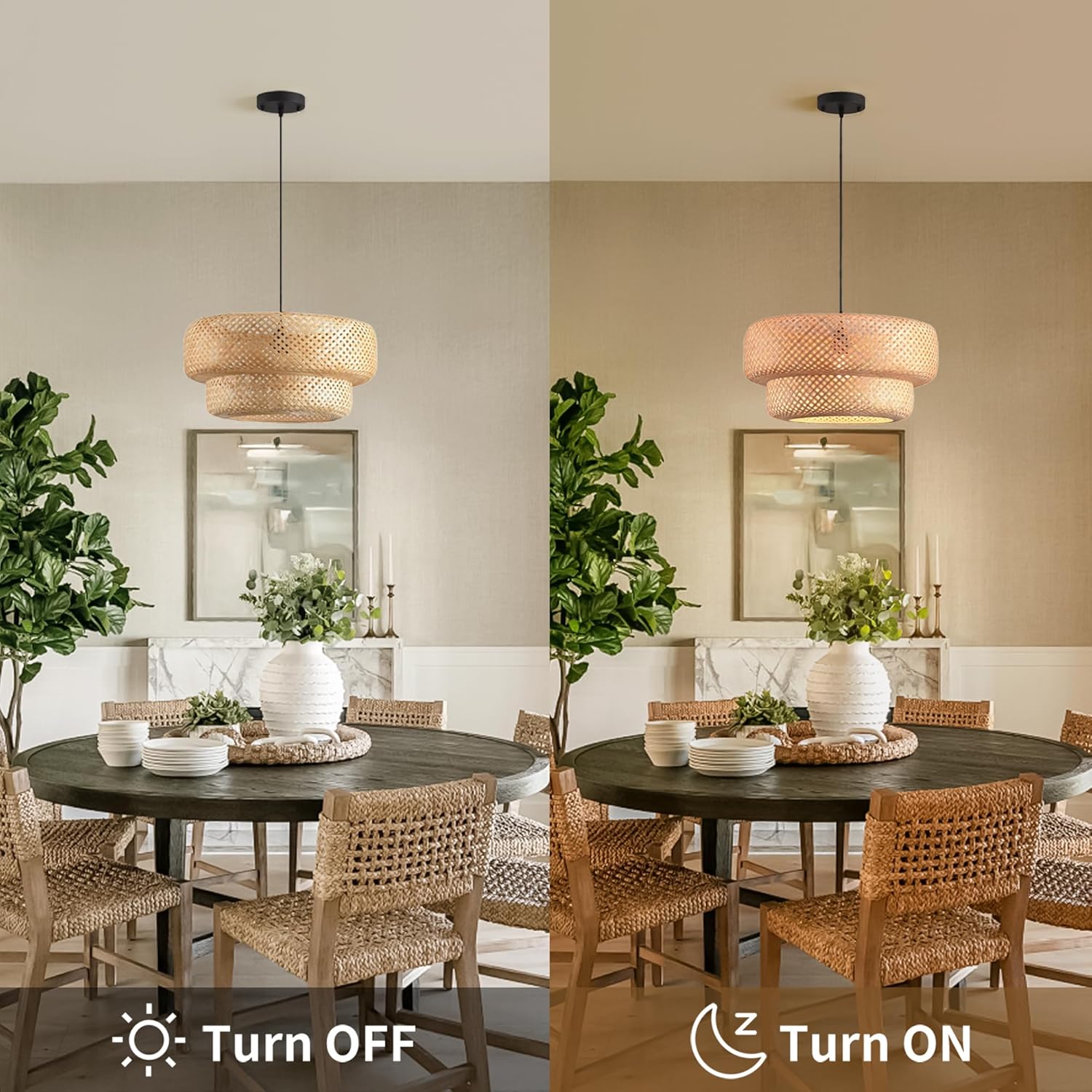 Bamboo Lights Fixtures 14.2in Rattan Pendant Light Kitchen Island 2-Tier Wicker Hanging Light Hualuosi