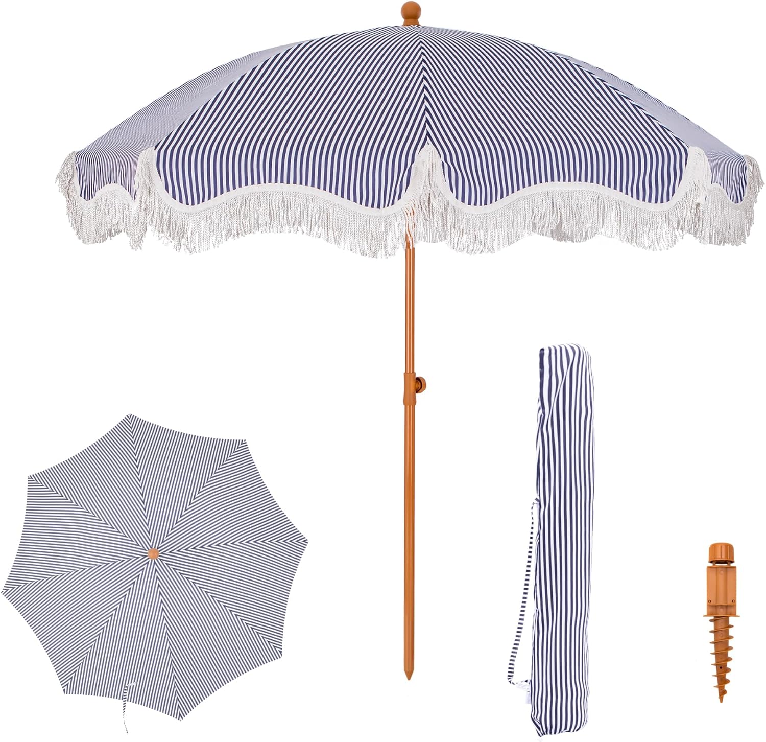 PHI VILLA 7ft Patio Umbrellas with Fringe, Outdoor Tilt Beach Umbrella Portable for Sand Phi Villa