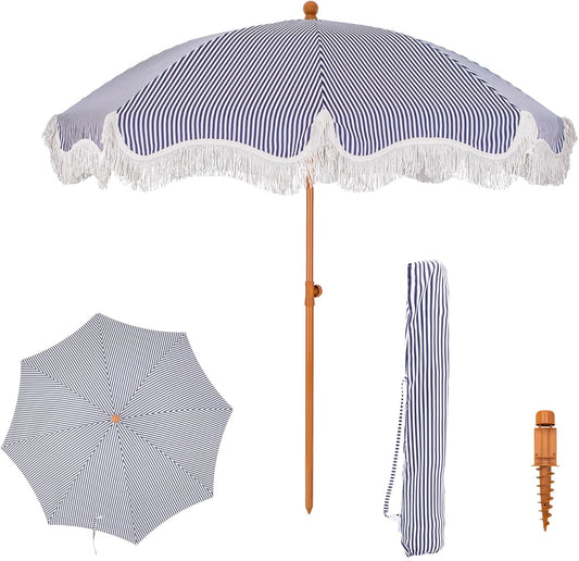 PHI VILLA 7ft Patio Umbrellas with Fringe, Outdoor Tilt Beach Umbrella Portable for Sand Phi Villa