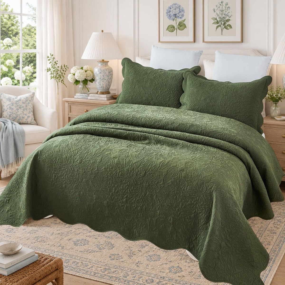 Olive Green Cotton Quilt Set King Scallop Matelasse Coverlet 3PC