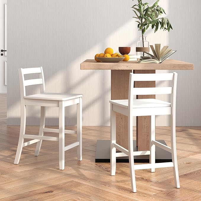 Wooden Bar Stools Set of 2, 24-Inch Counter Height Stools with Ergonomic Backrest & Footrest