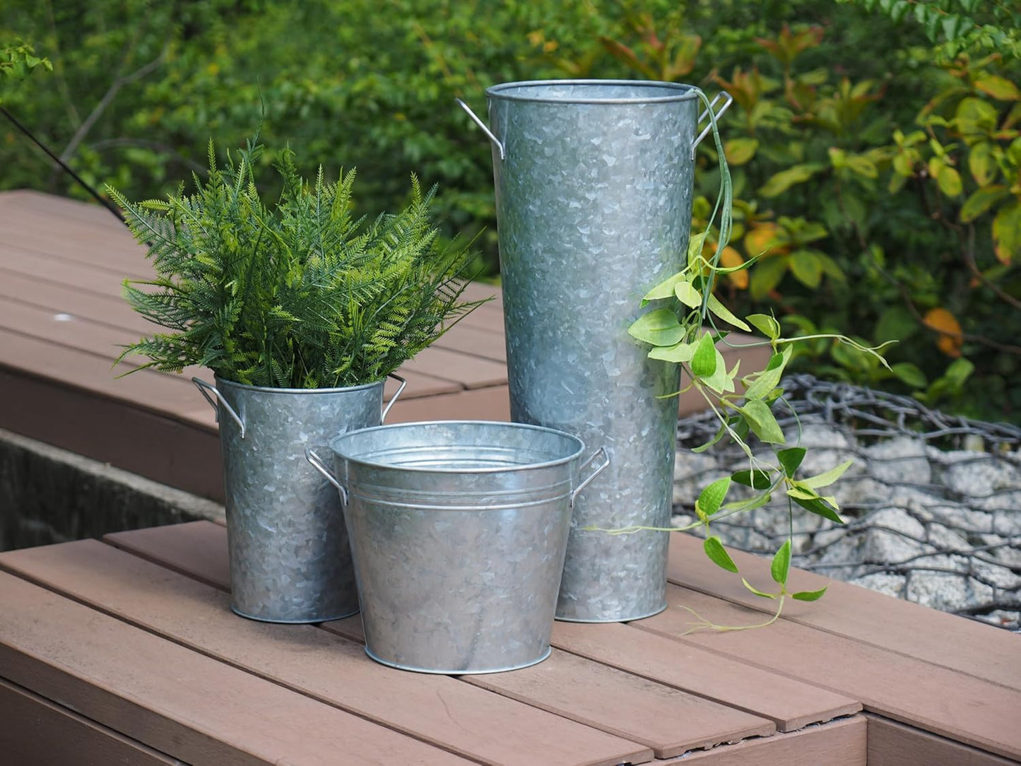 Hosley Galvanized French Bucket Vase with Handles 6" Dia x 15" H Hosley