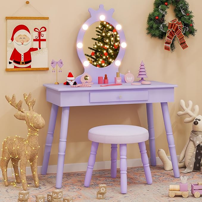 Kids Vanity, Girls Vanity Set with Mirror and Stool and Lights, Drawer, 2 in 1 Wooden Makeup Vanity Desk