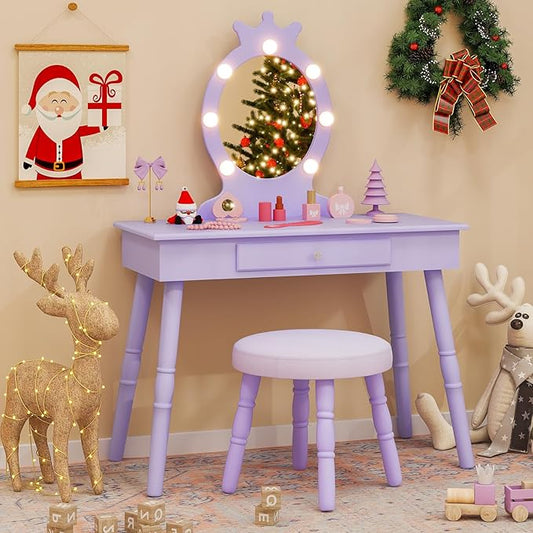 Kids Vanity, Girls Vanity Set with Mirror and Stool and Lights, Drawer, 2 in 1 Wooden Makeup Vanity Desk