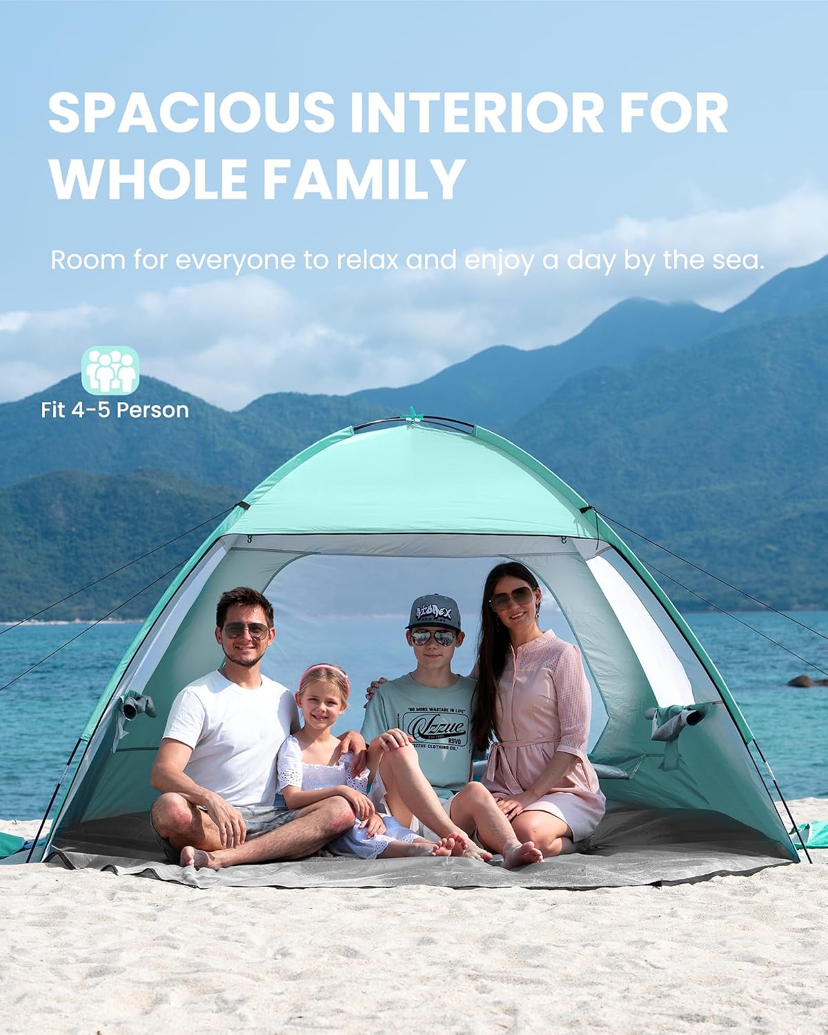 Beach Tent for 4 Person, Portable Sun Shade Shelter | 3 Large Mesh Windows