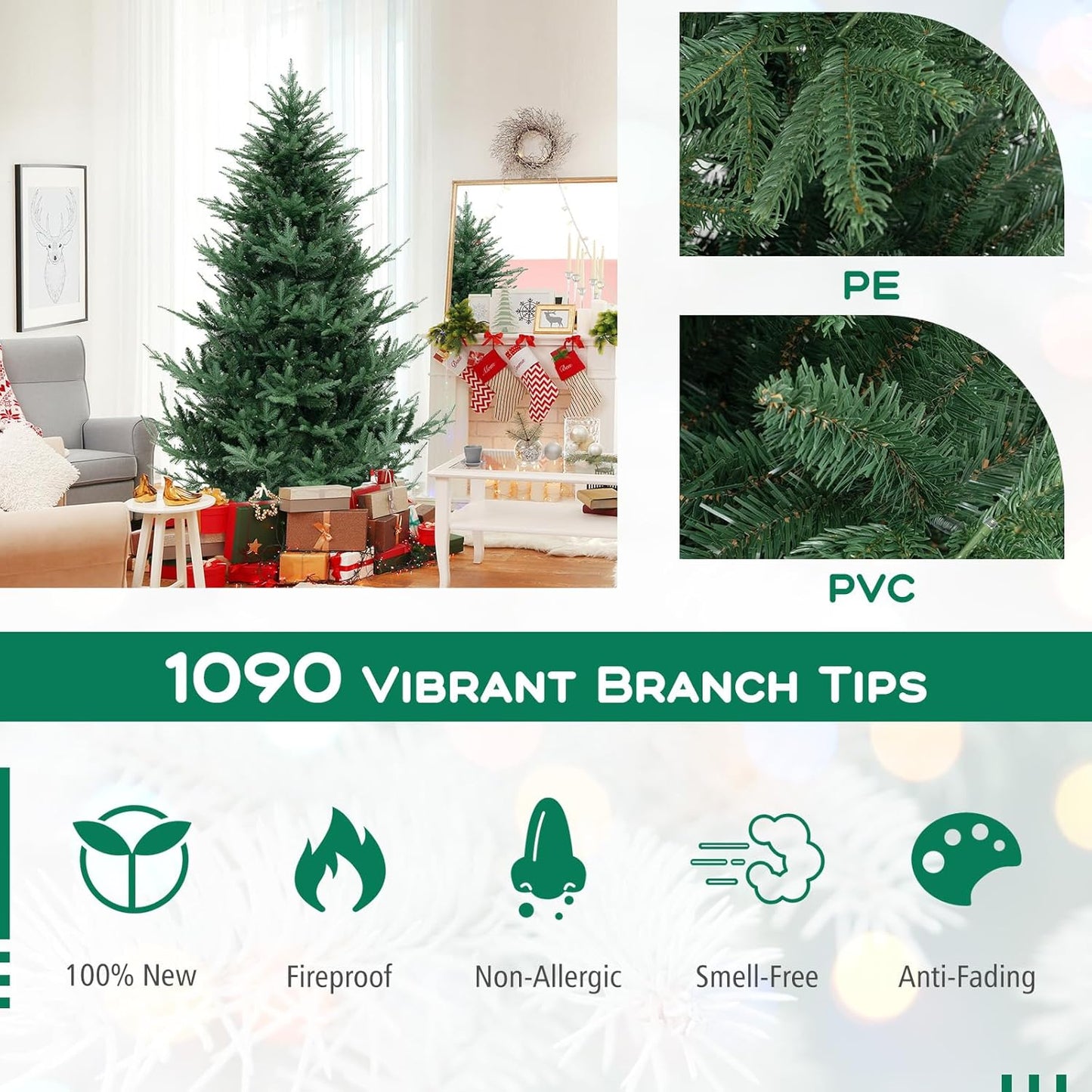 DORTALA 7FT Prelit Christmas Tree Green, Hinged Artificial Xmas Tree with 340 Warm White LED Lights Dortala
