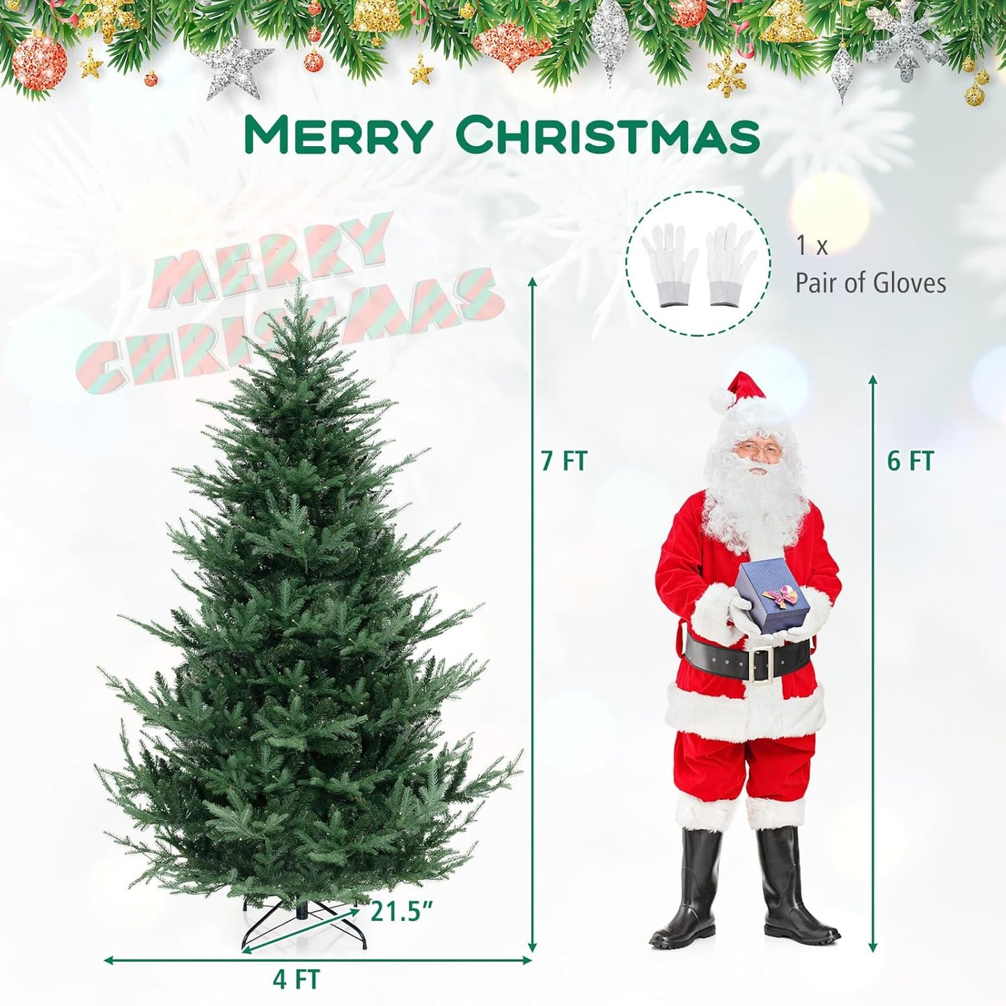 DORTALA 7FT Prelit Christmas Tree Green, Hinged Artificial Xmas Tree with 340 Warm White LED Lights Dortala