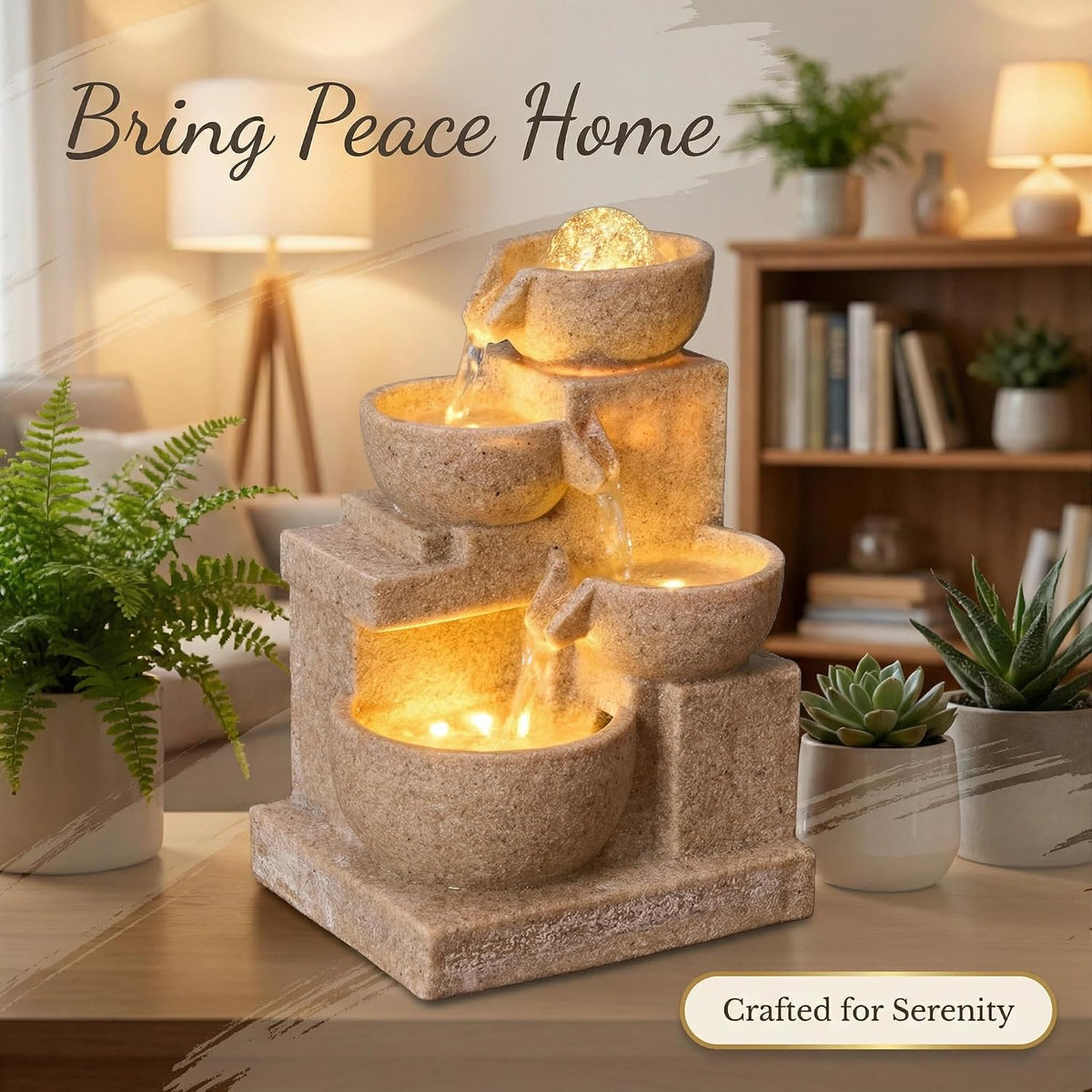Desktop Tabletop Water Fountain with LED Lights, Zen Style Relaxing Waterfall