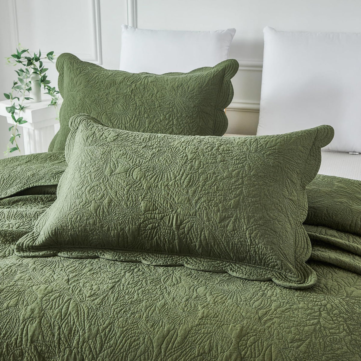 Olive Green Cotton Quilt Set King Scallop Matelasse Coverlet 3PC