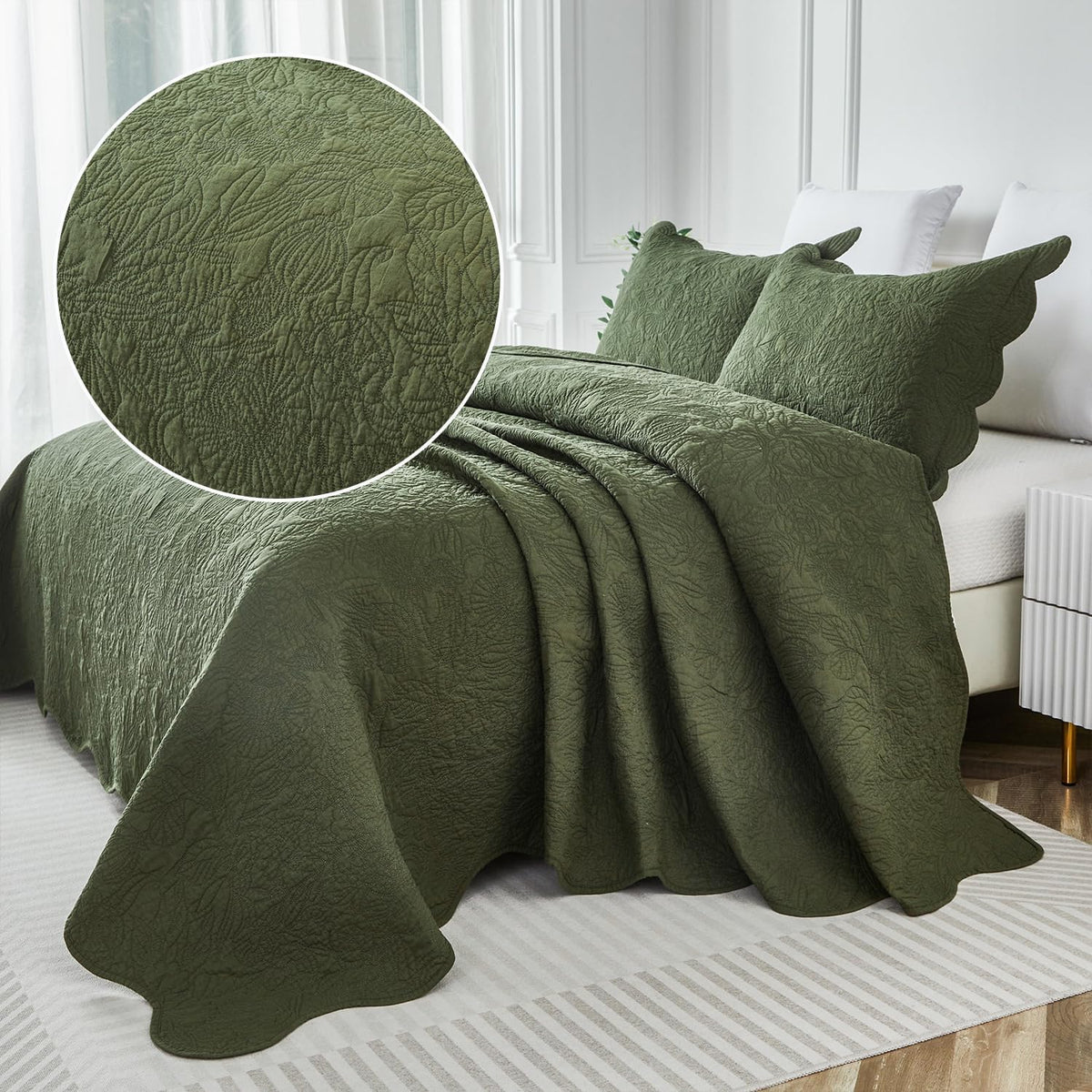 Olive Green Cotton Quilt Set King Scallop Matelasse Coverlet 3PC