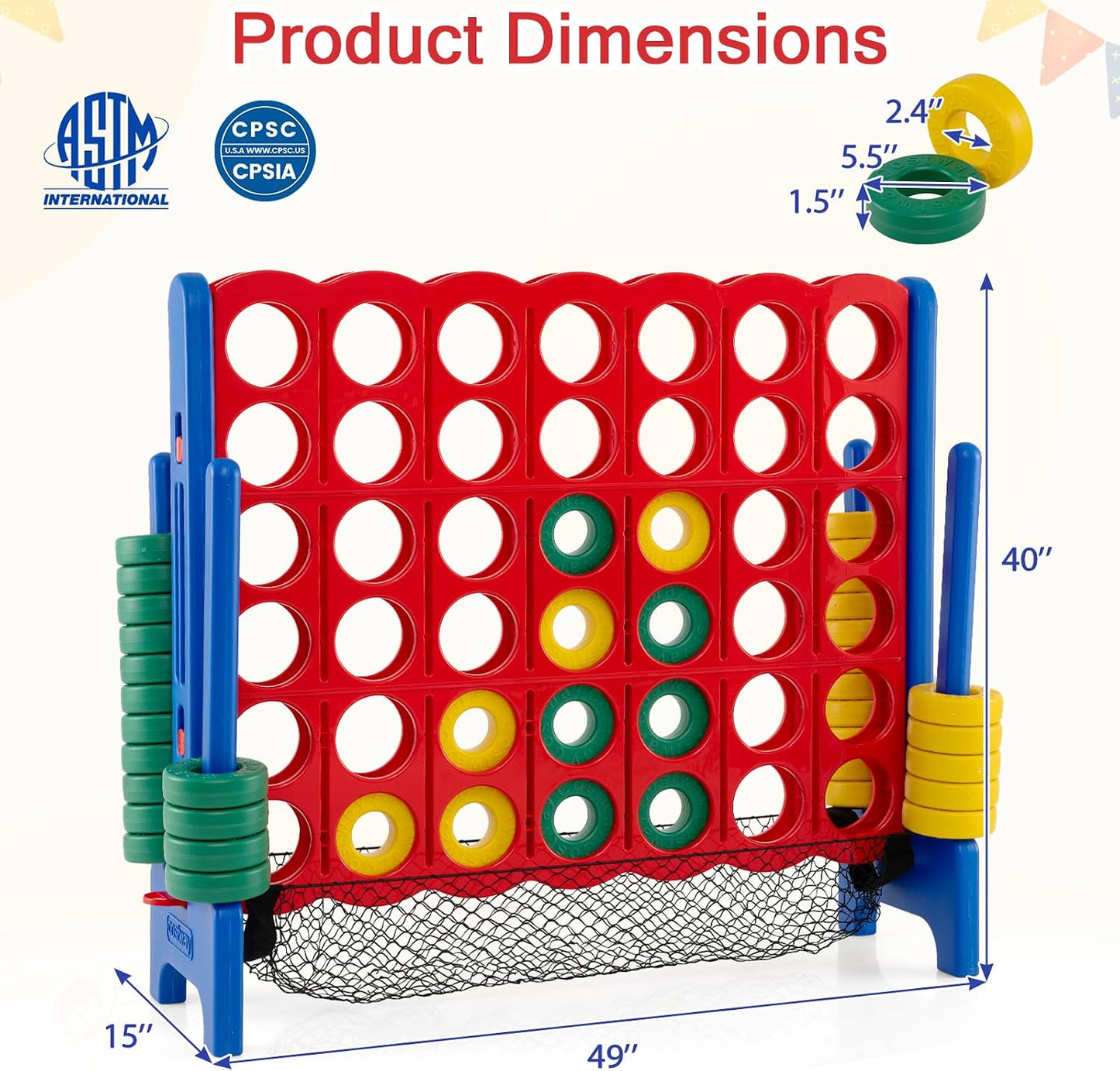 Giant 4-in-a-Row Game Set, Jumbo 4-to-Score for Kids and Adults