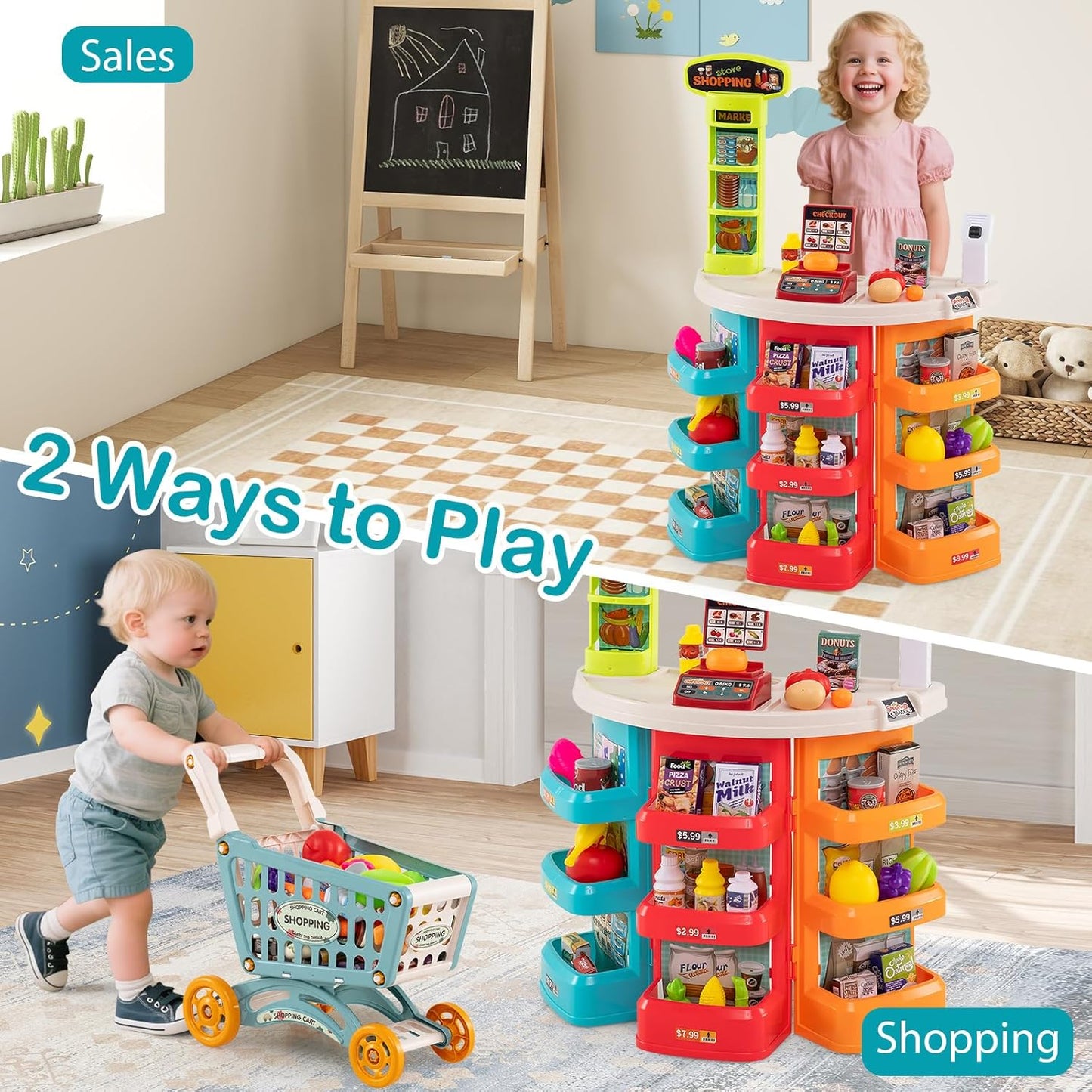 HONEY JOY Kids Grocery Store Playset, 76 PCS Plastic Supermarket Play Store Stand with Shopping Cart & Basket Honey Joy