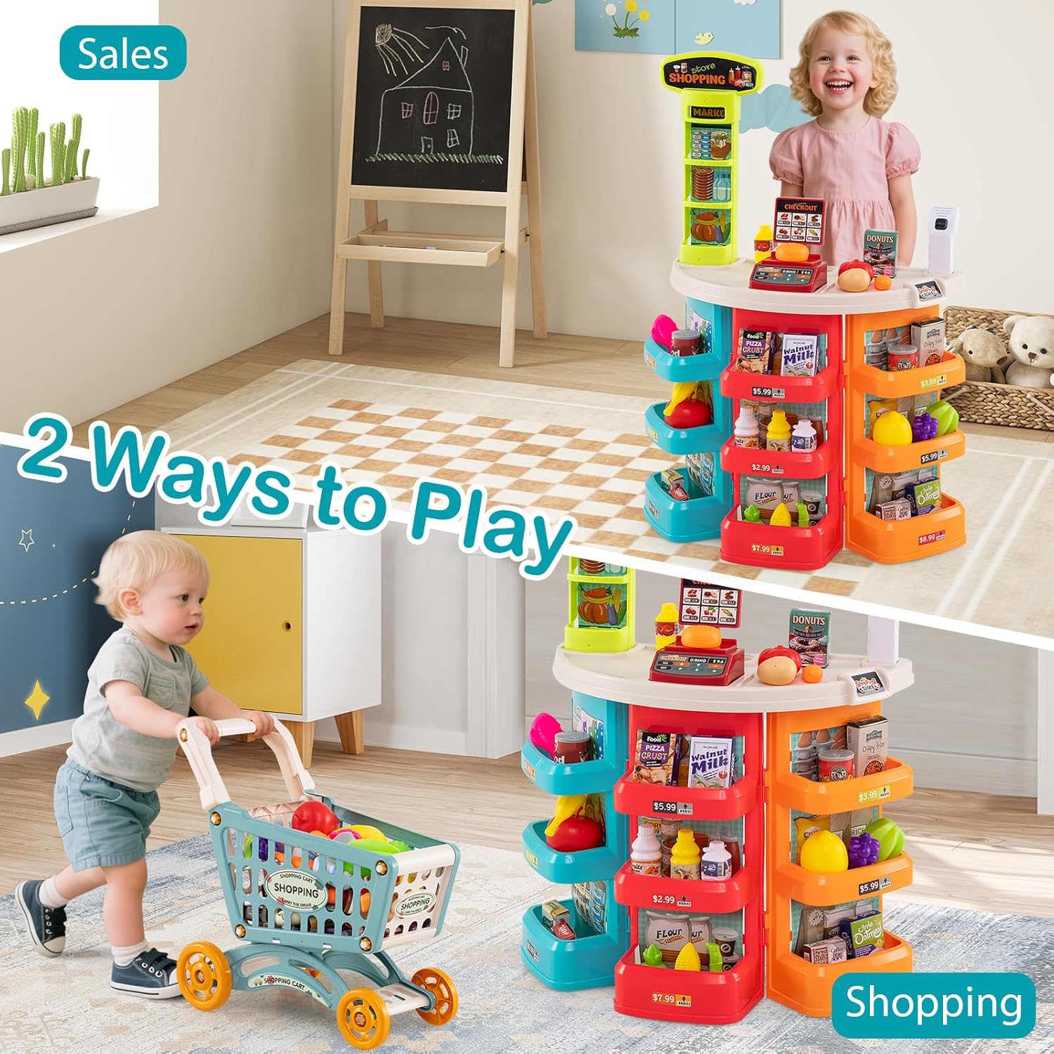 HONEY JOY Kids Grocery Store Playset, 76 PCS Plastic Supermarket Play Store Stand with Shopping Cart & Basket Honey Joy