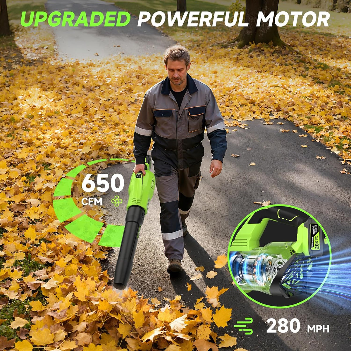 Leaf Blower Cordless, 650CFM Electric Leaf Blowers with 2 x 5.2Ah Batteries and Charger