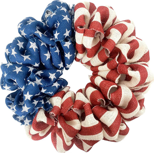 13 Inch Patriotic Burlap Wreath, 4th of July Summer Burlap Stripe and Stars Printed Wreath EgoLot