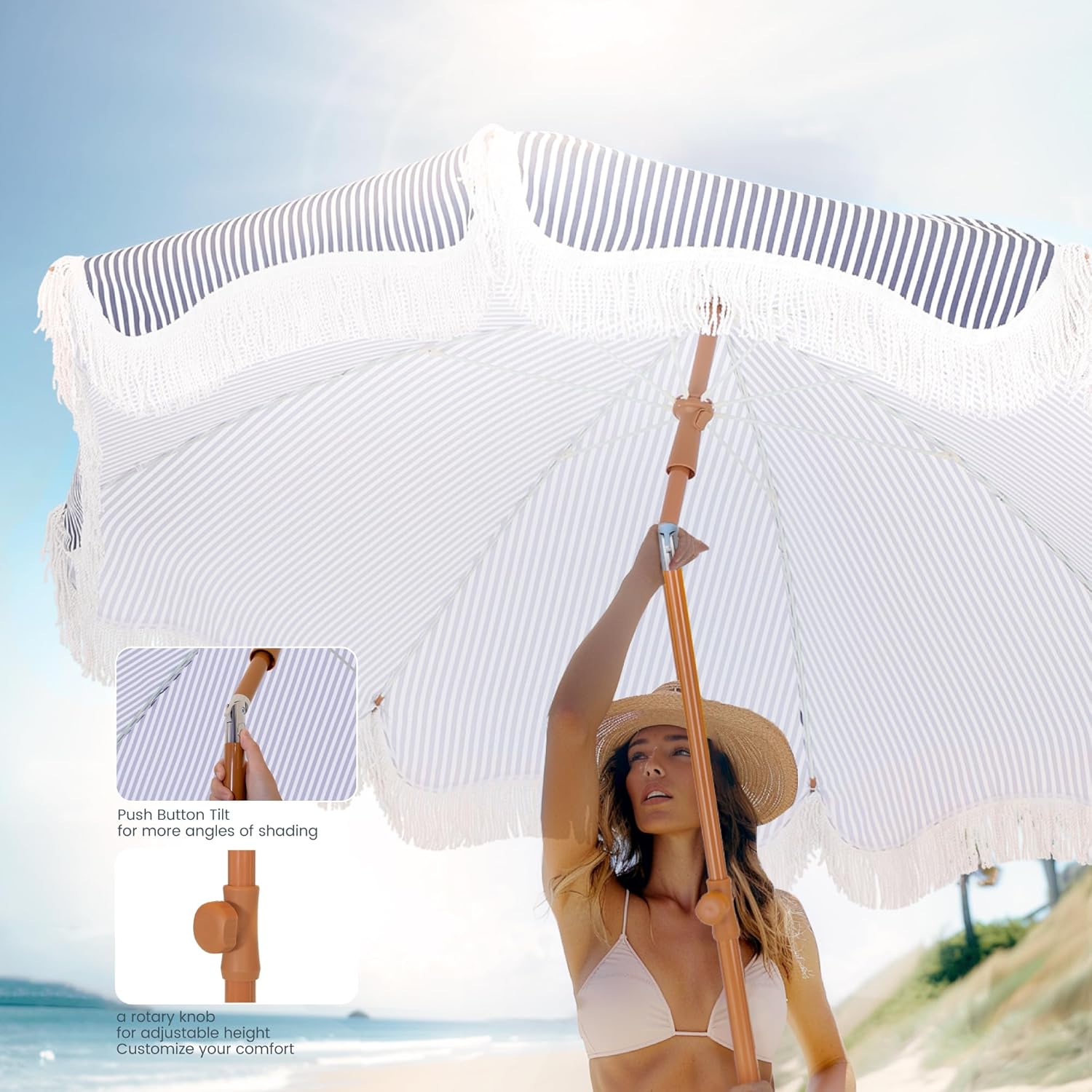 PHI VILLA 7ft Patio Umbrellas with Fringe, Outdoor Tilt Beach Umbrella Portable for Sand Phi Villa