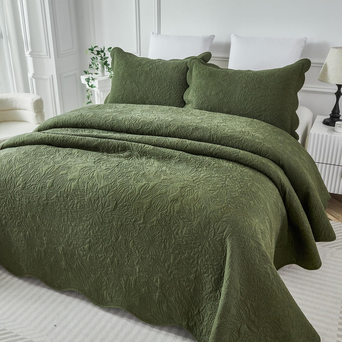 Olive Green Cotton Quilt Set King Scallop Matelasse Coverlet 3PC