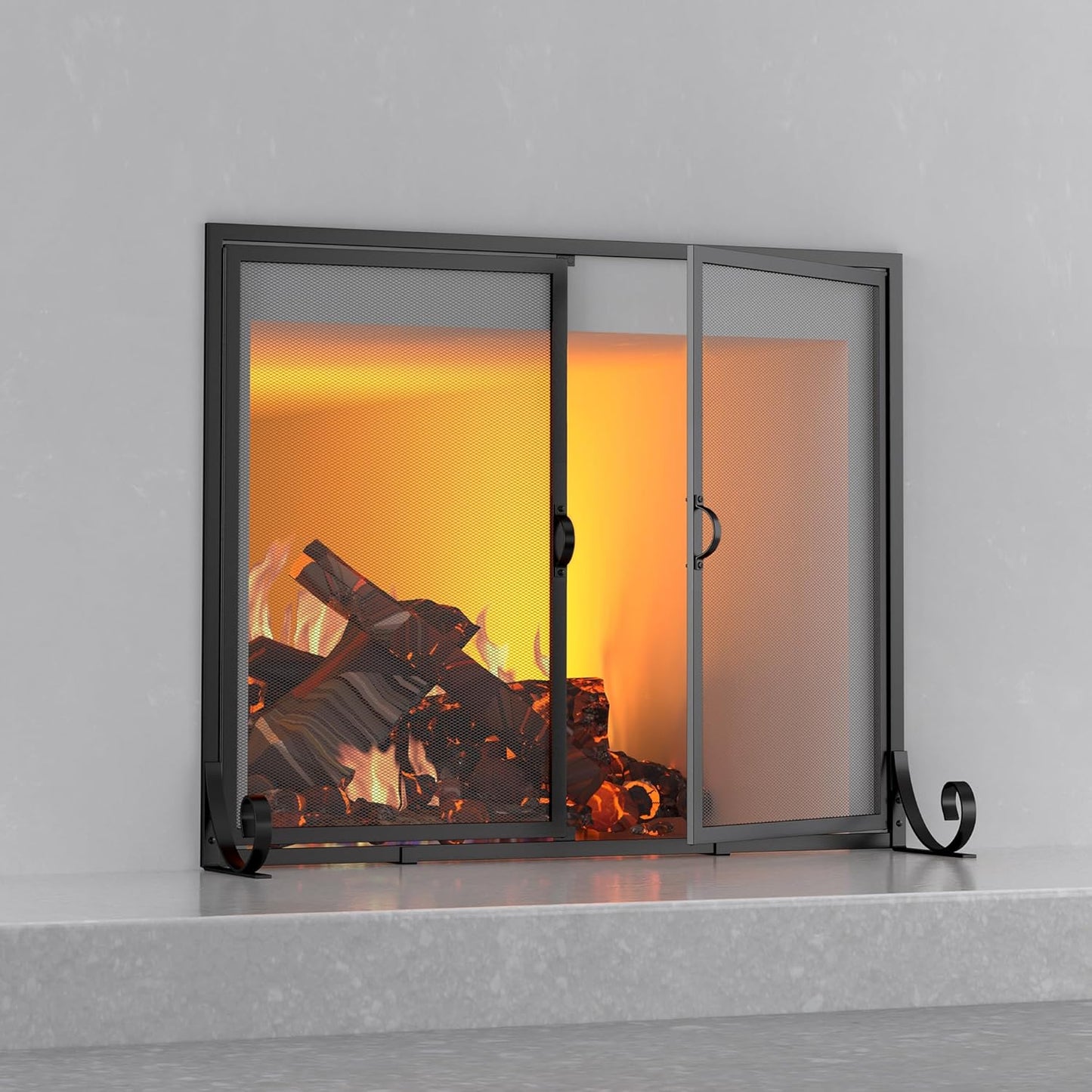 Fire Beauty Fireplace Screen with Hinged Doors, Powder Coated Steel Frame, Metal Mesh Fire Beauty