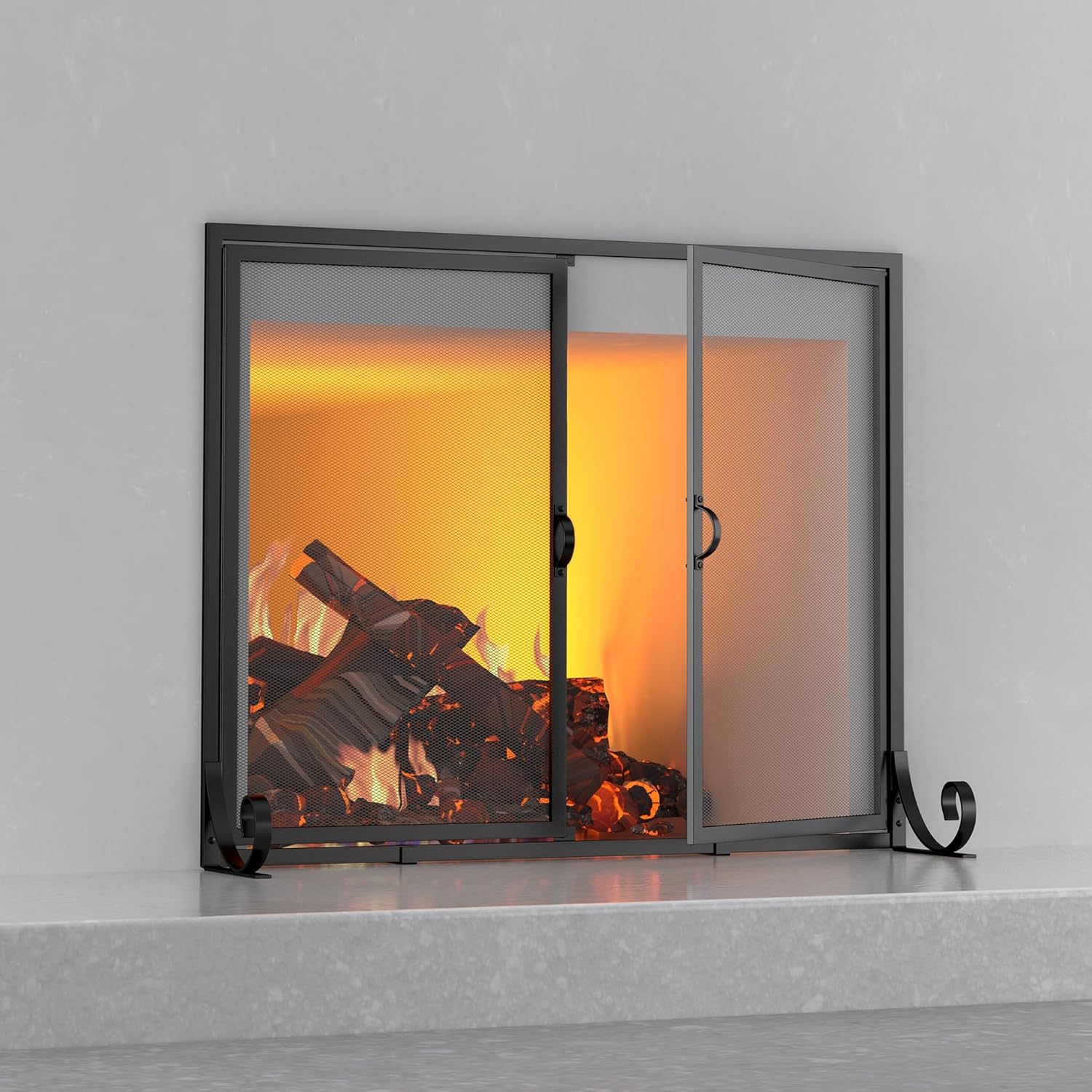 Fire Beauty Fireplace Screen with Hinged Doors, Powder Coated Steel Frame, Metal Mesh Fire Beauty