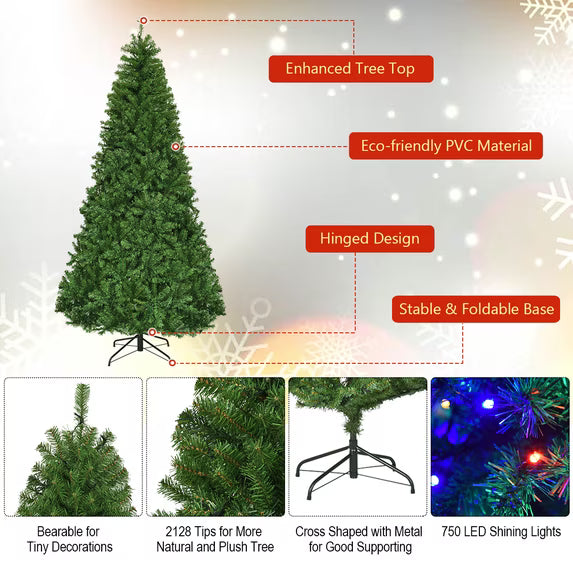 8Ft Pre-Lit Artificial Christmas Tree Hinged 750 LED Lights