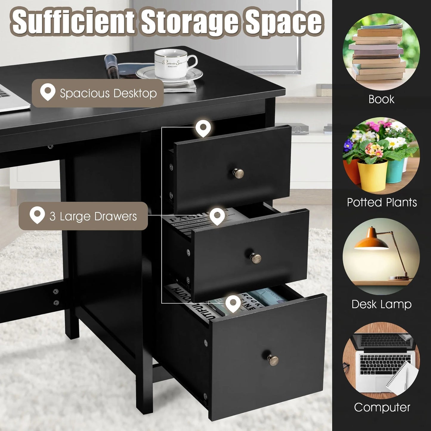 Computer Desk Study Writing Desk Home Office Workstation with 3 Drawers Black Costway