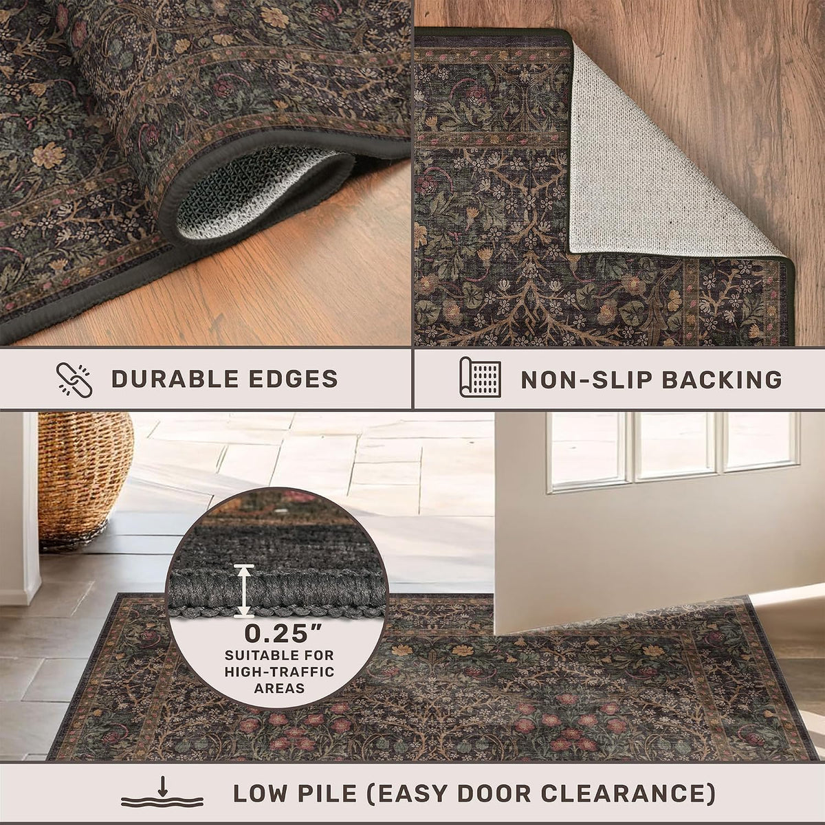 Vintage Washable Dark Brown Rugs for Living Room, 8x10 Area Rug