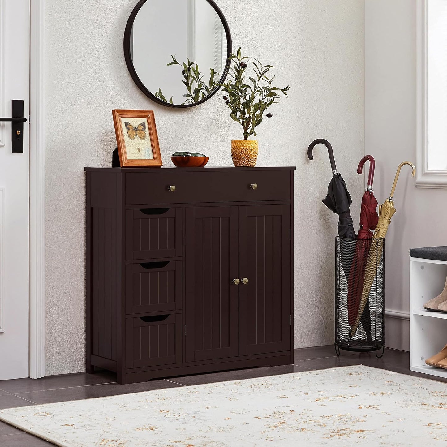 Bathroom Floor Cabinet, Large Storage Space Wooden Organizer with 1 Big Drawer, 3 Small Drawers & 2 Doors