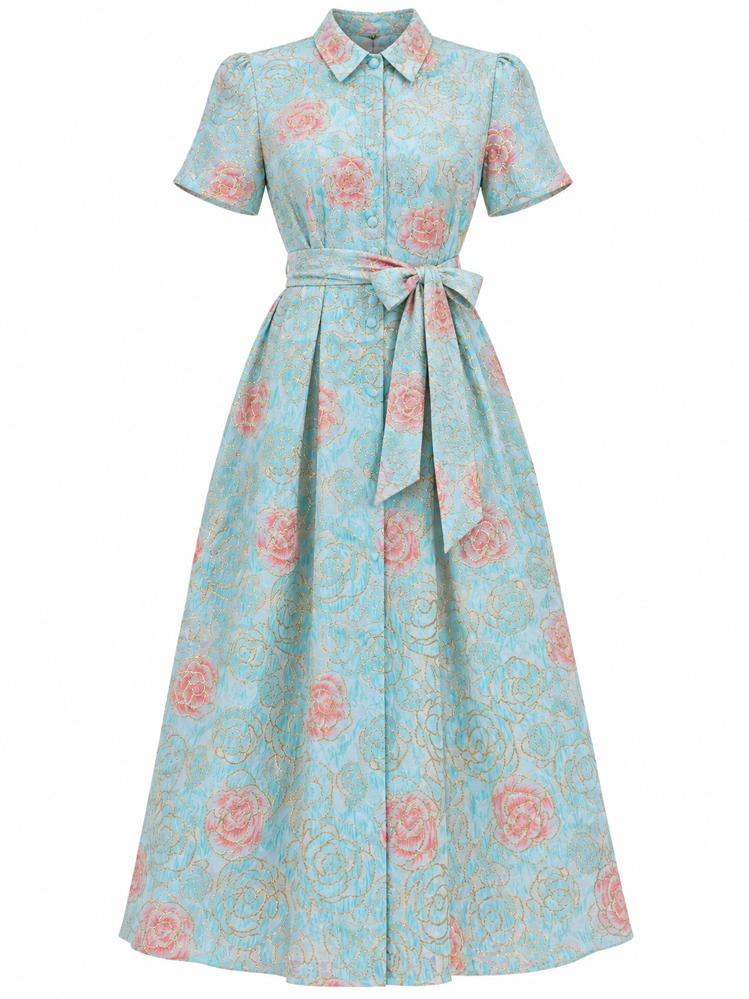 Aqua Floral Collared Dress with Waist Tie – Size 15